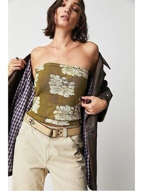 Free People Olive Green Y2K Style Tube Top with White Floral Print L